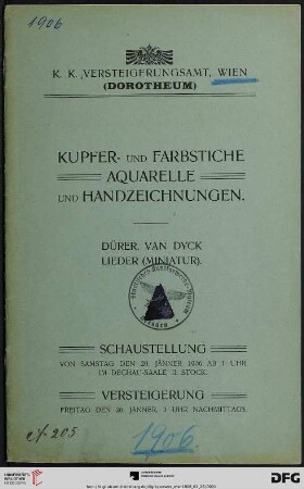 Kupfer- und Farbstiche, Aquarelle und Handzeichnungen : Dürer, van Dyck, Lieder (Miniatur) ; Versteigerung 26. Jänner 1906