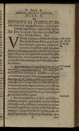 Disp. V. De Infinito Et Finito, Et Divisionibus huic æquipollentibus [...]