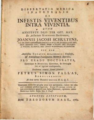 Diss. med. inaug. de infestis viventibus intra viventia
