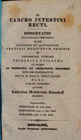 De Cancro Intestini Recti : Dissertatio Inauguralis Chirurgica
