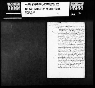 Eheberedung zwischen Graf Ludwig zu Löwenstein (Lewenstein), Herrn zu Scharfeneck (Scharpfeneck), und Anna von Limpurg, des Schenk Gottfried von Limpurg Tochter.