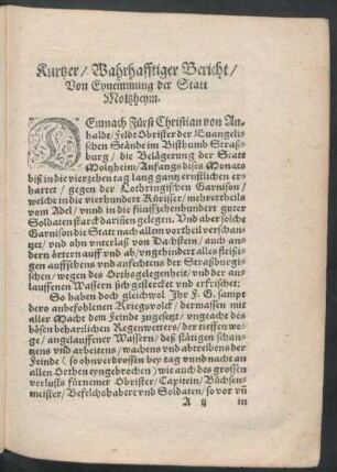 Kurtzer/ Wahrhafftiger Bericht/ Von Eynemmung der Statt Moltzheym.