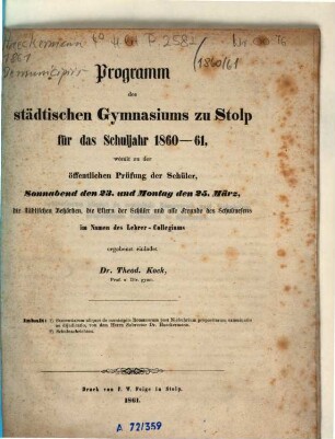 Programm des Städtischen Gymnasiums zu Stolp : für das Schuljahr .... 1860/61