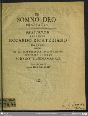 De Somno Deo Praefatus : Orationem Beneficio Eccardo-Richteriano Sacram Indicit Et Ad Eam Benevole Auscultandam