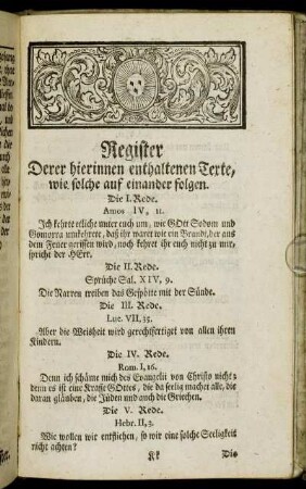 Register Derer hierinnen enthaltenen Texte, wie solche auf einander folgen.