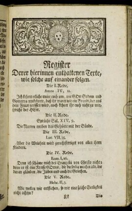 Register Derer hierinnen enthaltenen Texte, wie solche auf einander folgen.