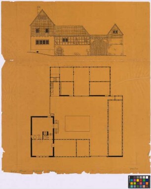 Hoch-Weisel ([Landkreis Friedberg]): Gehöft Werner. - Stall (Grundriss). - Futterboden (Grundriss, Giebel-Ansicht). - Wohnhaus (Grundriss des Erdgeschosses, Giebel-Ansicht). - Kuhstall (Seiten-Ansicht)