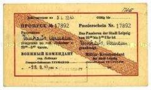 Passierschein für Hermann Trinkaus für die Stadt Leipzig - Familienkonvolut