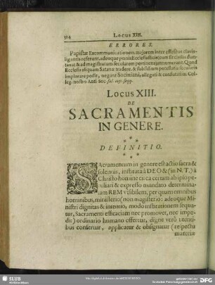 Locus XIII. De Sacramentis In Genere