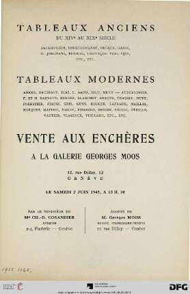 Tableaux anciens du XVIe au XIXe siècle : Backhuyzen, Brekelenkamp, Decker, Gaddi, H. Jordaens, Teniers, Triptyque vers 1500, etc., etc. ; tableaux modernes par Anker, Daubigny, Diaz L. Gaud ... Vente aux enchères: 2 juin 1945