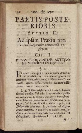 Partis Posterioris Sectio II. Ad ipsam Praxin præcepta eloquentiæ communia applicans.