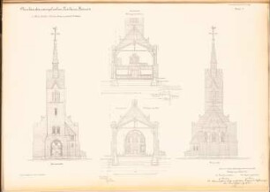 Evangelische Kirche, Bornow: Turmansicht, 2 Querschnitte, Choransicht 1:100