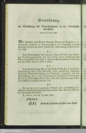 Verordnung, die Einführung des Gewerbegesetzes in der Oberlausitz betreffend; vom 15. October 1861