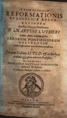 In Piam Et Gratam Reformationis Evangelicae Recordationem ... Errorum Pontificiorum Delineatio