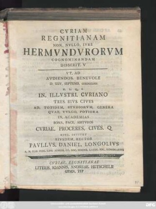 5: Cvriam Regnitianam Non. Nvllo. Ivre Hermvndvrorvm Cognominandam Disserit ...