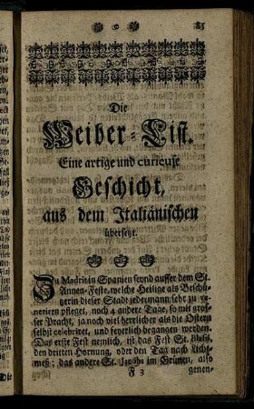 Die Weiber-List : Eine artige und curieuse Geschicht ; aus dem Italiänischen übersetzt.