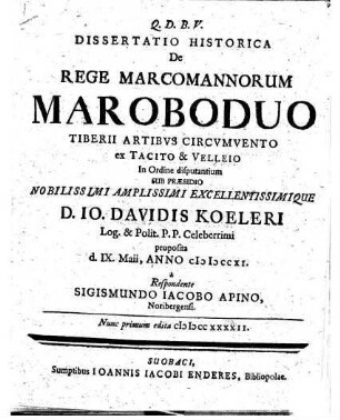 Diss. hist. de rege Marcomannorum Maroboduo, Tiberii artibus circumvento