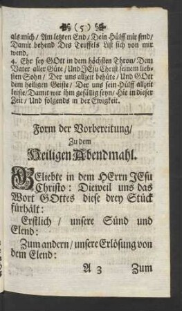 Form der Vorbereitung/ Zu dem Heiligen Abendmahl.