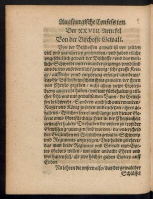 Der XXVIII. Artickel Von der Bischoffe Gewalt.