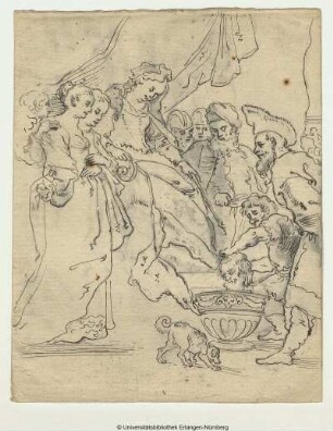 Der Salome, die links auf einem Throne sitzt, wird das Haupt des Johannes gebracht. Ein Knecht hebt es aus einem Gefäß, das am Boden steht