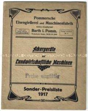 Preisliste über landwirtschaftliche Maschinen und Geräte