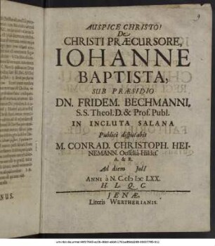 De Christi Praecursore, Johanne Baptista