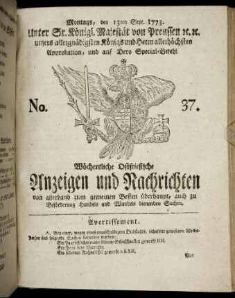 No. 37. Montags, den 13ten Sept. 1773.