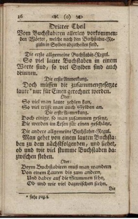 Dritter Theil. Vom Buchstabiren allerley vorkommenden Wörter, welche nach den Buchstabir-Reguln in Sylben abzutheilen sind