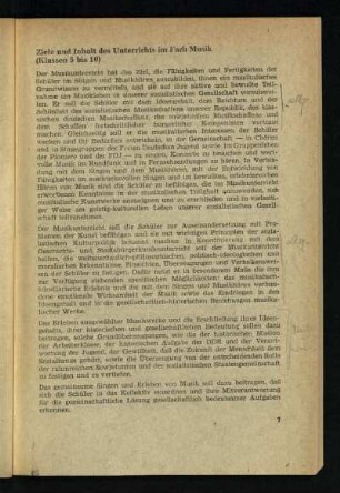 Ziele und Inhalt des Unterrichts im Fach Musik (Klassen 5 bis 10)
