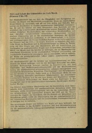 Ziele und Inhalt des Unterrichts im Fach Musik (Klassen 5 bis 10)