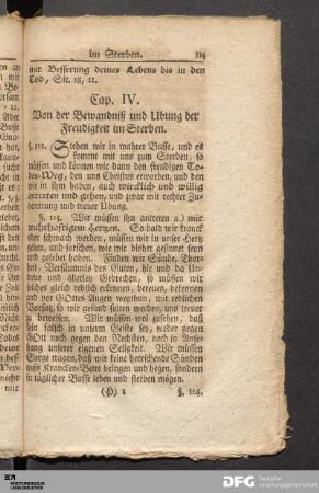 Cap. IV. Von der Bewandniß und Ubung der Freudigkeit im Sterben.