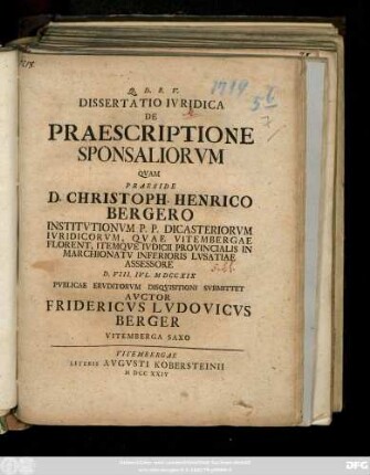 Dissertatio Ivridica De Praescriptione Sponsaliorvm