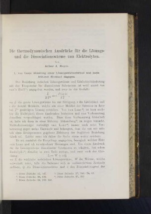 Die thermodynamischen Ausdrücke für die Lösungs- und Dissociationswärme von Elektrolyten.