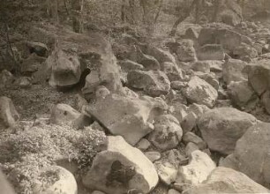 Chemnitztal bei Schweizerthal. Angebohrte Blöcke dicht oberhalb des unteren Steges (rechtes Ufer)