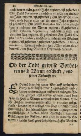 Ob der Todt gewisse Vorbotten nach Wienn geschickt/ und seiner Ankunfft erinnert?