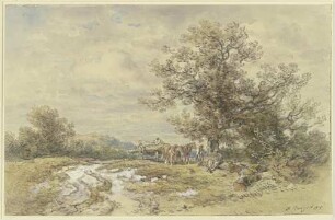 Landschaft mit hohem Baum und Holzfuhrwerk