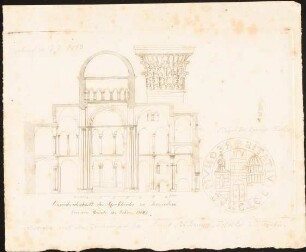 Grabeskirche, Jerusalem: Durchzeichnung: Querdurchschnitt (vor dem Brand 1808) der Grabeskirche, Säulenkapitell, Siegel des Königs Falco, nach den Zeichnungen von Bernadino Amico, Cornelis de Bruyn, Pococke und Fortin