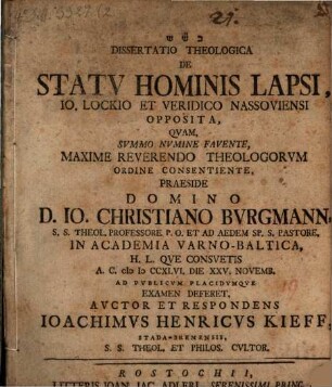 Dissertatio theologica de statu hominis lapsi, Jo. Lockio et Veridico Nassoviensi opposita
