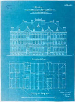 Schule für 18 Klassen, Landsberg/Warthe: Grundriss Dachgeschoss, Aufriss Südansicht 1:100