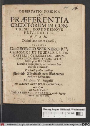 Dissertatio Iuridica De Praeferentia Creditorum In Concursu, Eorundemque Privilegiis