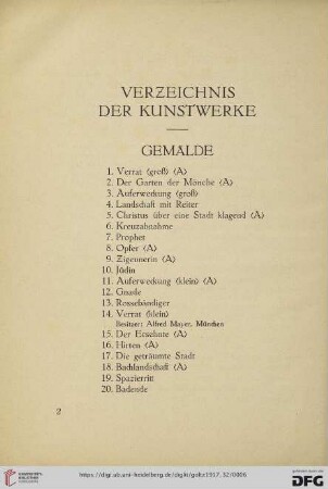 Verzeichnis der Kunstwerke (Nr. 1-70)
