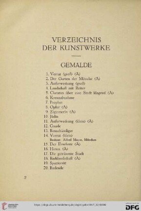 Verzeichnis der Kunstwerke (Nr. 1-70)