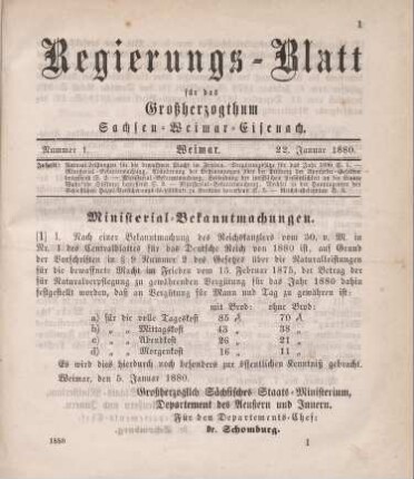 1. Ministerial-Bekanntmachung, die Natural-Leistungen für die bewaffnete Macht im Frieden, Vergütungssätze für das Jahr 1880 betreffend