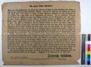 Aufruf des preußischen Königs Friedrich Wilhelm IV. an die Berliner Bevölkerung anlässlich der revolutionären Unruhen in Berlin vom 18 März 1848