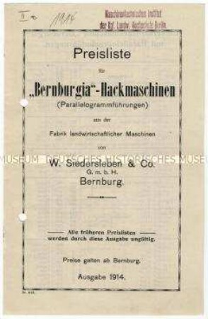 Preisliste über die Bernburger-Hackmaschine