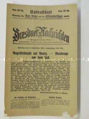 Nachrichtenblatt der Tageszeitung "Dresdner Nachrichten" über deutsche Angriffe auf Nancy und Maubeuge