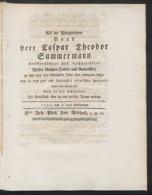 Als der Wolgebohrne Herr Herr Caspar Theodor Summermann ... durch einen seeligen Tod ... Die Hoheschule aber in eine gerechte Trauer versetzte