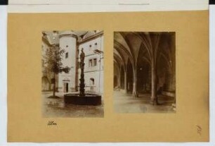 Hildegardbrunnen, Ulm. Kreuzgang, Ulm: Ansicht Brunnen, Innenansicht Kreuzgang (aus: Skizzen- und Fotoalbum 24)