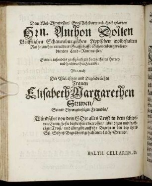 Dem Wol-Ehrnvesten [...] Hrn. Anthon Dollen [...] Wie auch [...] Frauen Elisabeth Margarethen Struven [...]