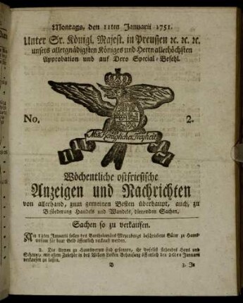 No. 2. Montags, den 11ten Januarii 1751.